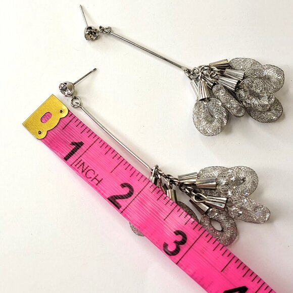 Silver Mesh Net Crystal Dangle Earrings - Picture 6 of 9